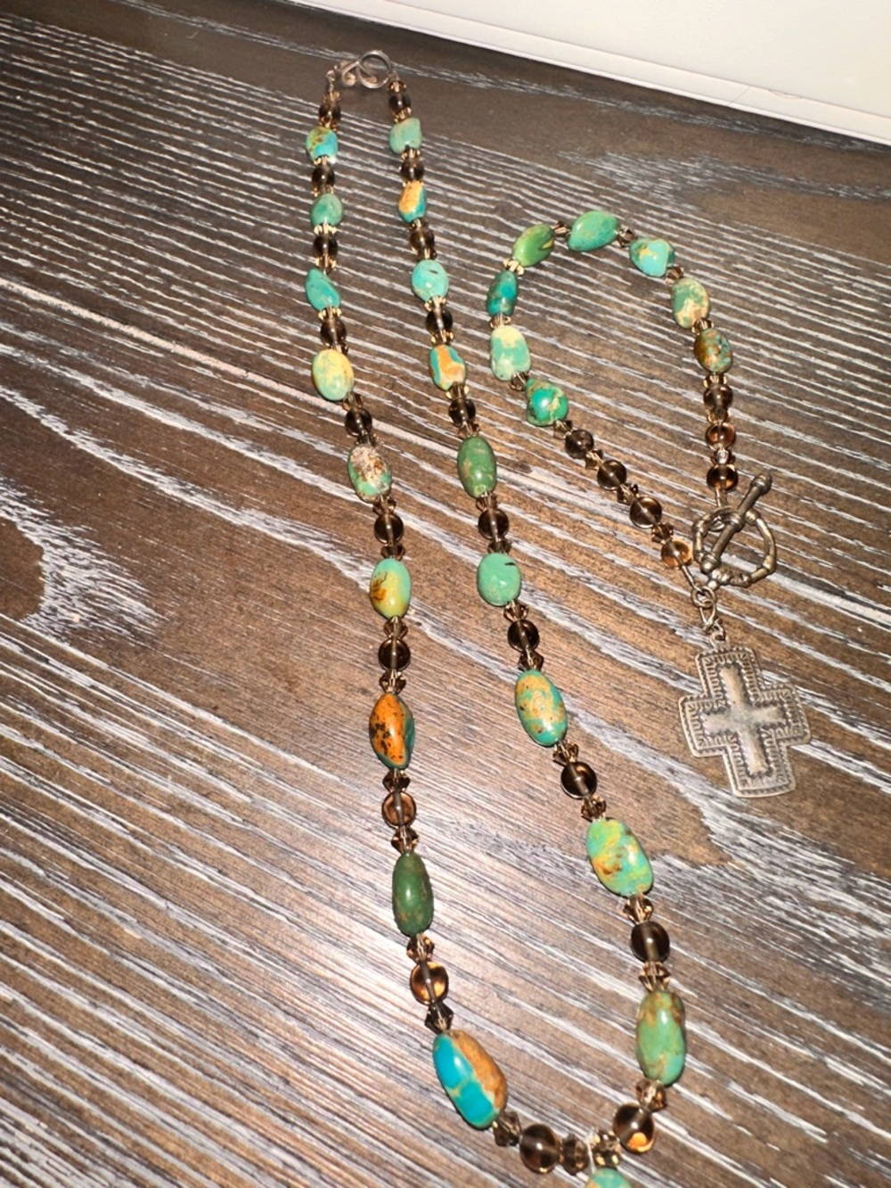 Turquoise Bead Cross Necklace & Bracelet Set - Green/Aqua Statement Jewelry